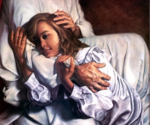Jesus with girl on floor in his arms